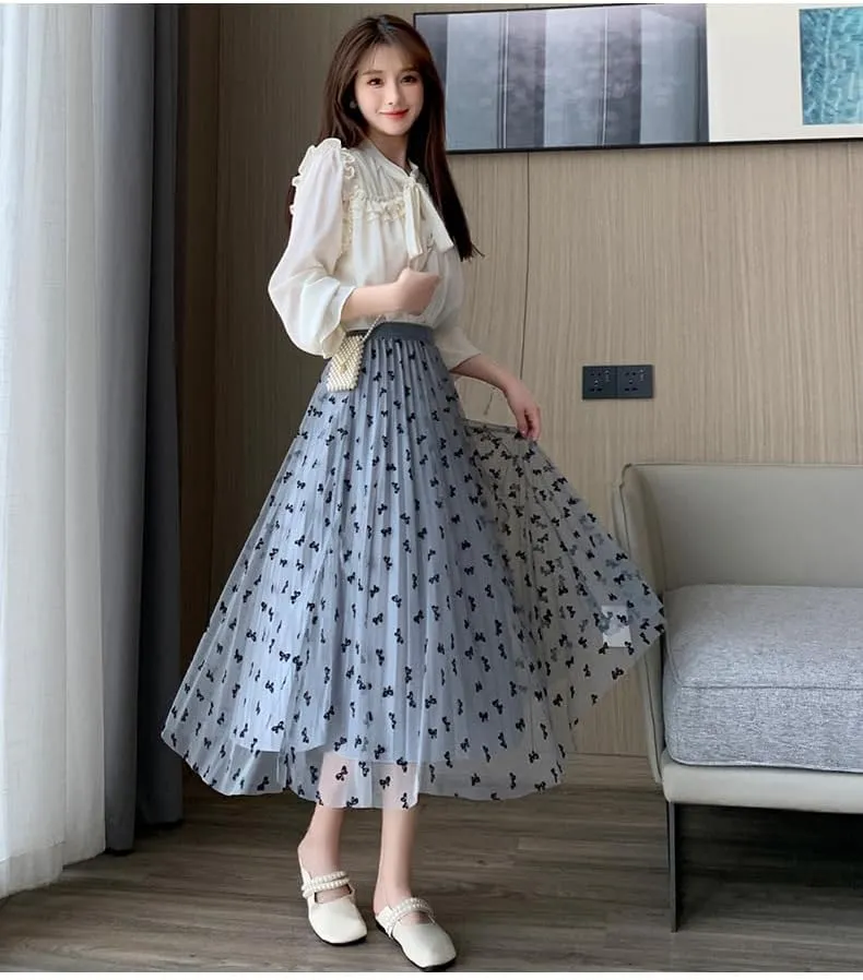 Womens Tulle Skirts Fairy Coquette Midi Elastic High Waisted Pleated Mesh Flowy A-Line Flowy Tutu Skirts