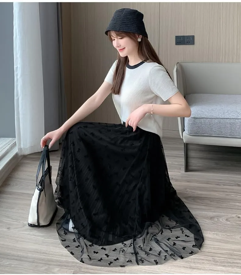 Womens Tulle Skirts Fairy Coquette Midi Elastic High Waisted Pleated Mesh Flowy A-Line Flowy Tutu Skirts