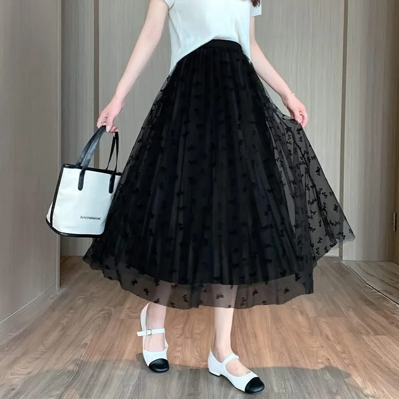 Womens Tulle Skirts Fairy Coquette Midi Elastic High Waisted Pleated Mesh Flowy A-Line Flowy Tutu Skirts