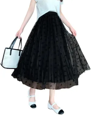 Womens Tulle Skirts Fairy Coquette Midi Elastic High Waisted Pleated Mesh Flowy A-Line Flowy Tutu Skirts