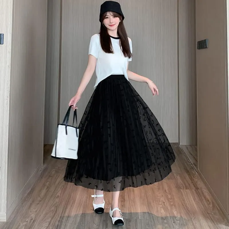 Womens Tulle Skirts Fairy Coquette Midi Elastic High Waisted Pleated Mesh Flowy A-Line Flowy Tutu Skirts