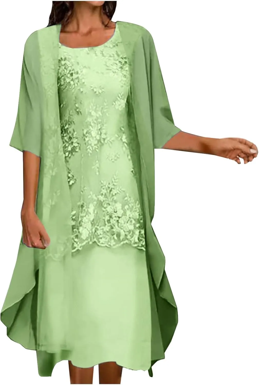 Womens Two-Piece Set Floral Embroidered Midi Dress with Chiffon Cardigan Sleeveless Plus Size Wedding Guest Dresses