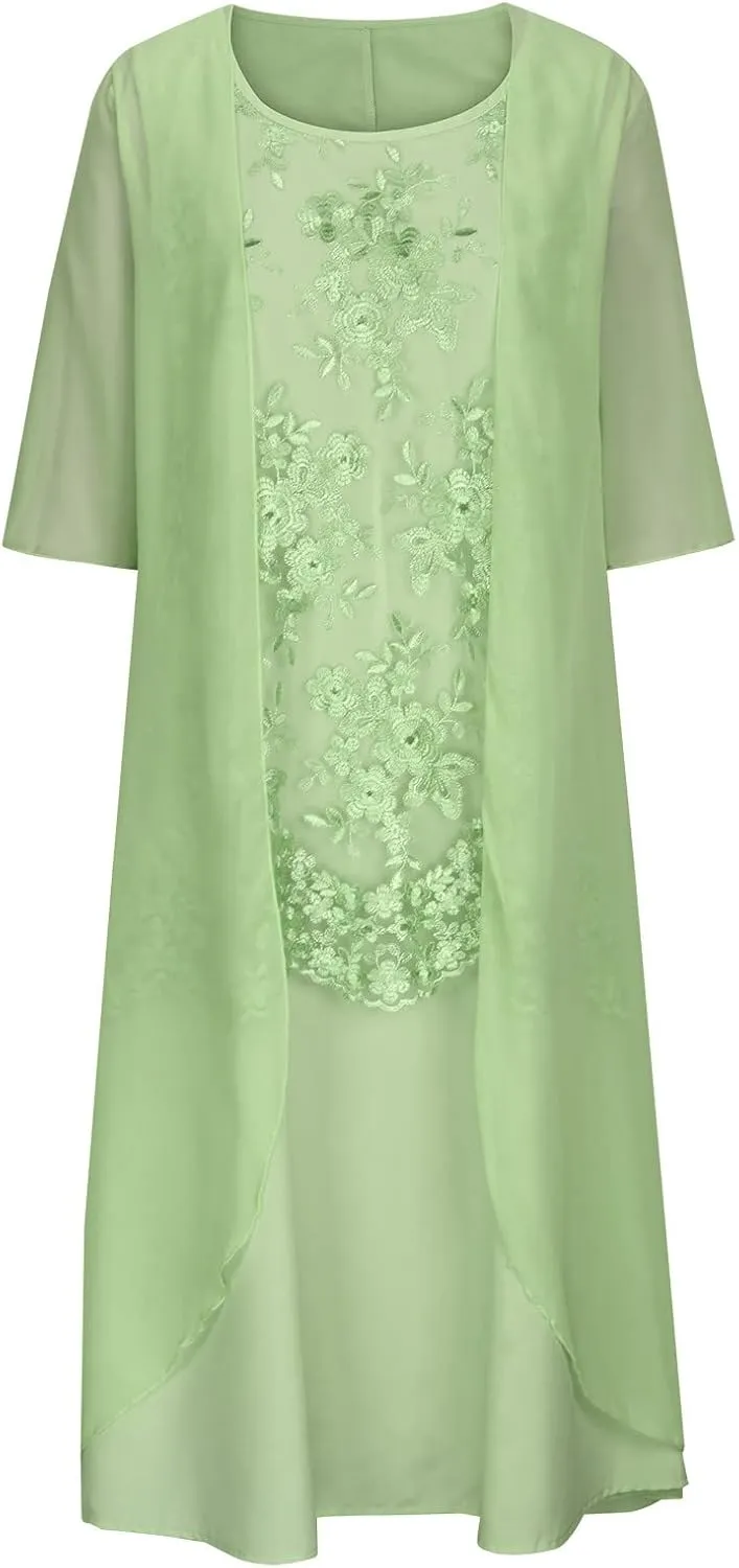 Womens Two-Piece Set Floral Embroidered Midi Dress with Chiffon Cardigan Sleeveless Plus Size Wedding Guest Dresses
