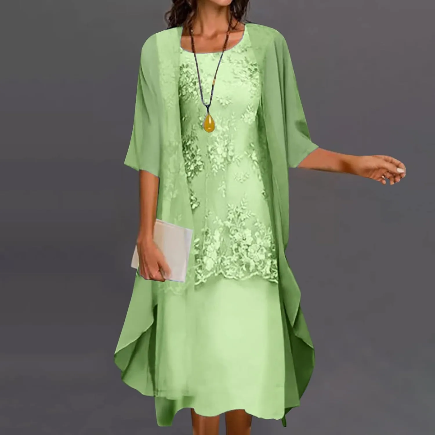 Womens Two-Piece Set Floral Embroidered Midi Dress with Chiffon Cardigan Sleeveless Plus Size Wedding Guest Dresses