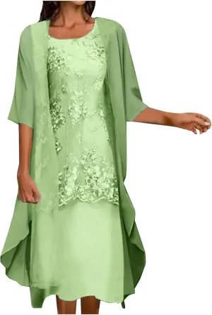 Womens Two-Piece Set Floral Embroidered Midi Dress with Chiffon Cardigan Sleeveless Plus Size Wedding Guest Dresses