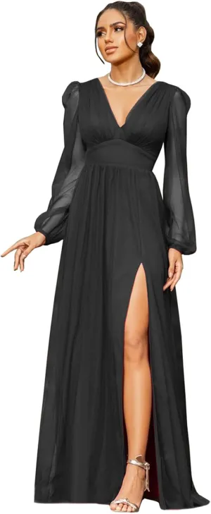 Women's V Neck Bridesmaid Dresses for Wedding Long Sleeves A-Line Chiffon Formal Gown with Slit