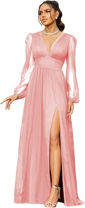 Women's V Neck Bridesmaid Dresses for Wedding Long Sleeves A-Line Chiffon Formal Gown with Slit