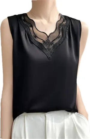Women's V-Neck Lace Satin Camisole Top Summer Sleeveless Strap Bottoming T-Shirt Vest