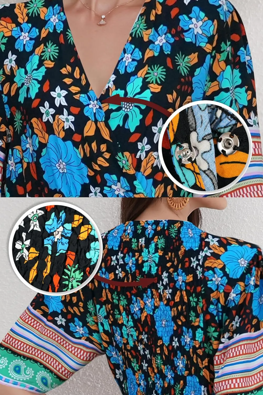 Womens V Neck Short Sleeves High Waist Floral Print Casual Bohemian Midi Dresses