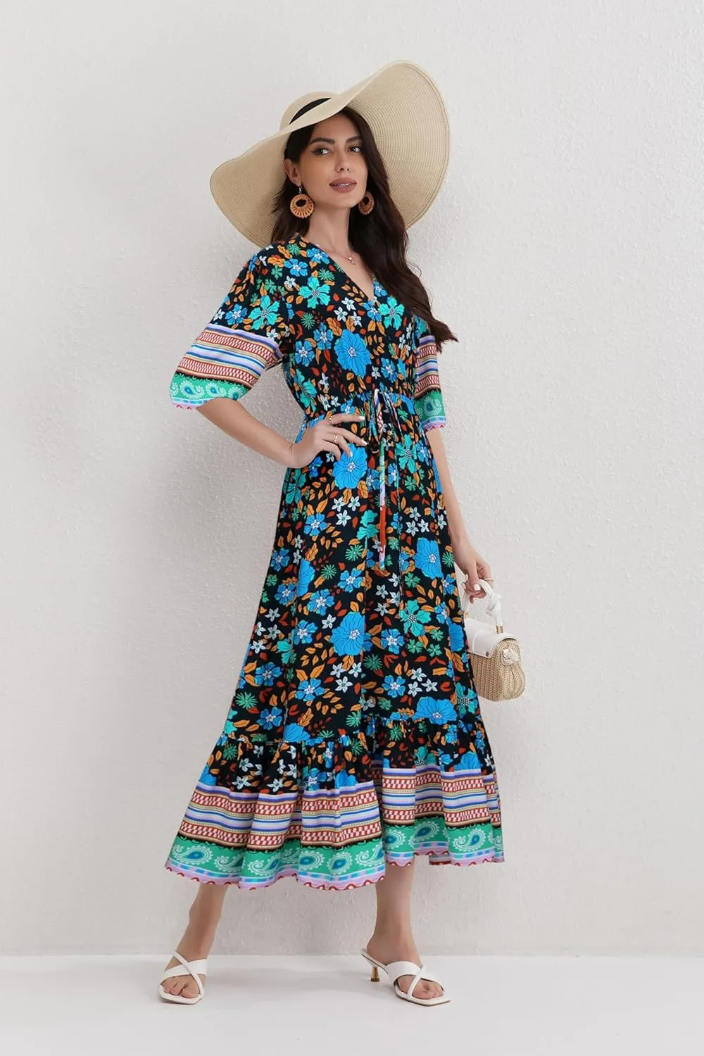 Womens V Neck Short Sleeves High Waist Floral Print Casual Bohemian Midi Dresses