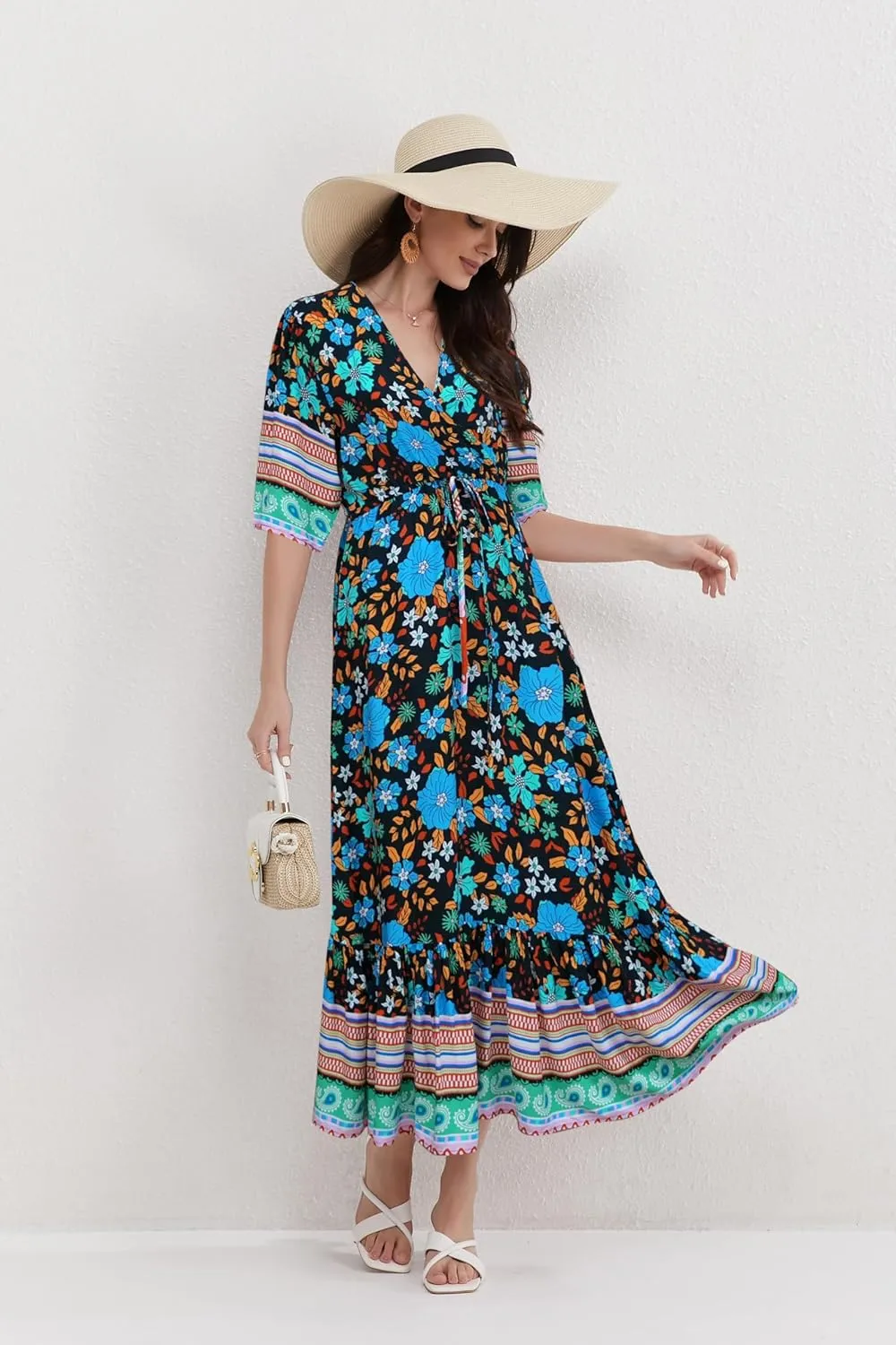 Womens V Neck Short Sleeves High Waist Floral Print Casual Bohemian Midi Dresses
