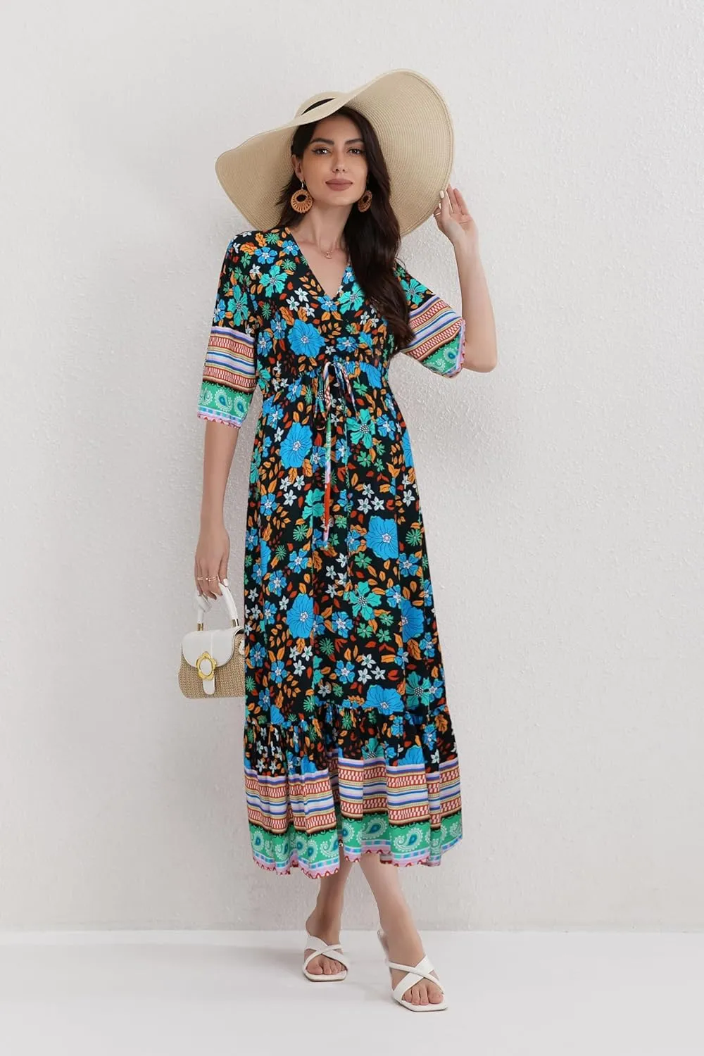 Womens V Neck Short Sleeves High Waist Floral Print Casual Bohemian Midi Dresses