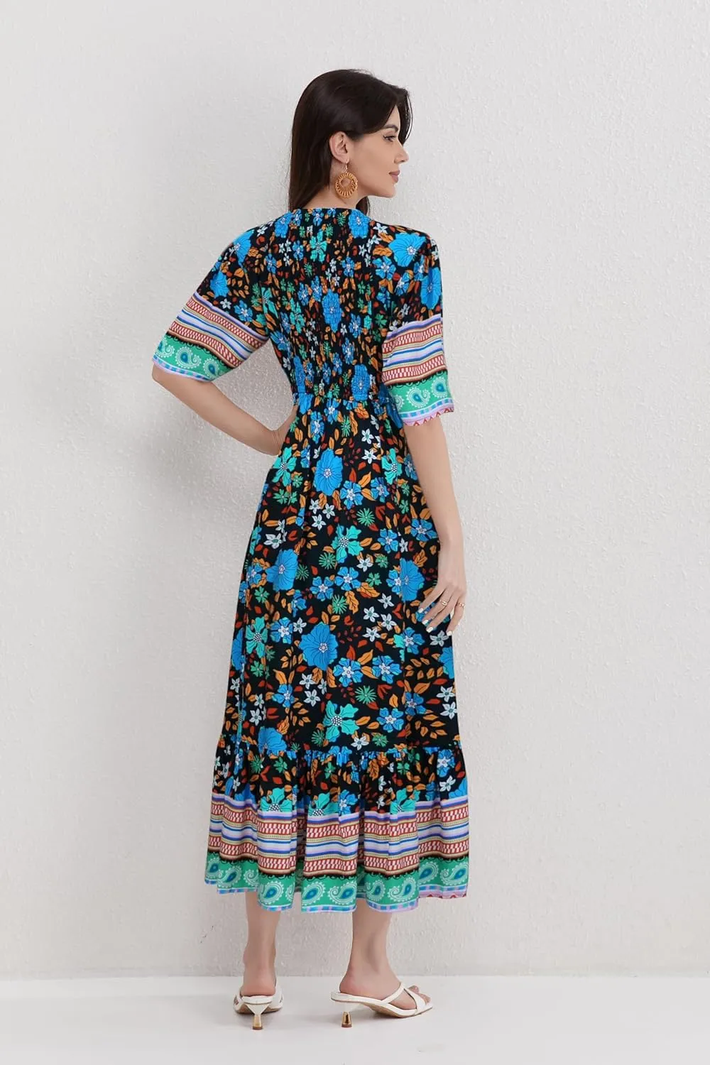 Womens V Neck Short Sleeves High Waist Floral Print Casual Bohemian Midi Dresses