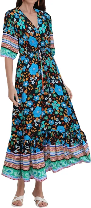 Womens V Neck Short Sleeves High Waist Floral Print Casual Bohemian Midi Dresses