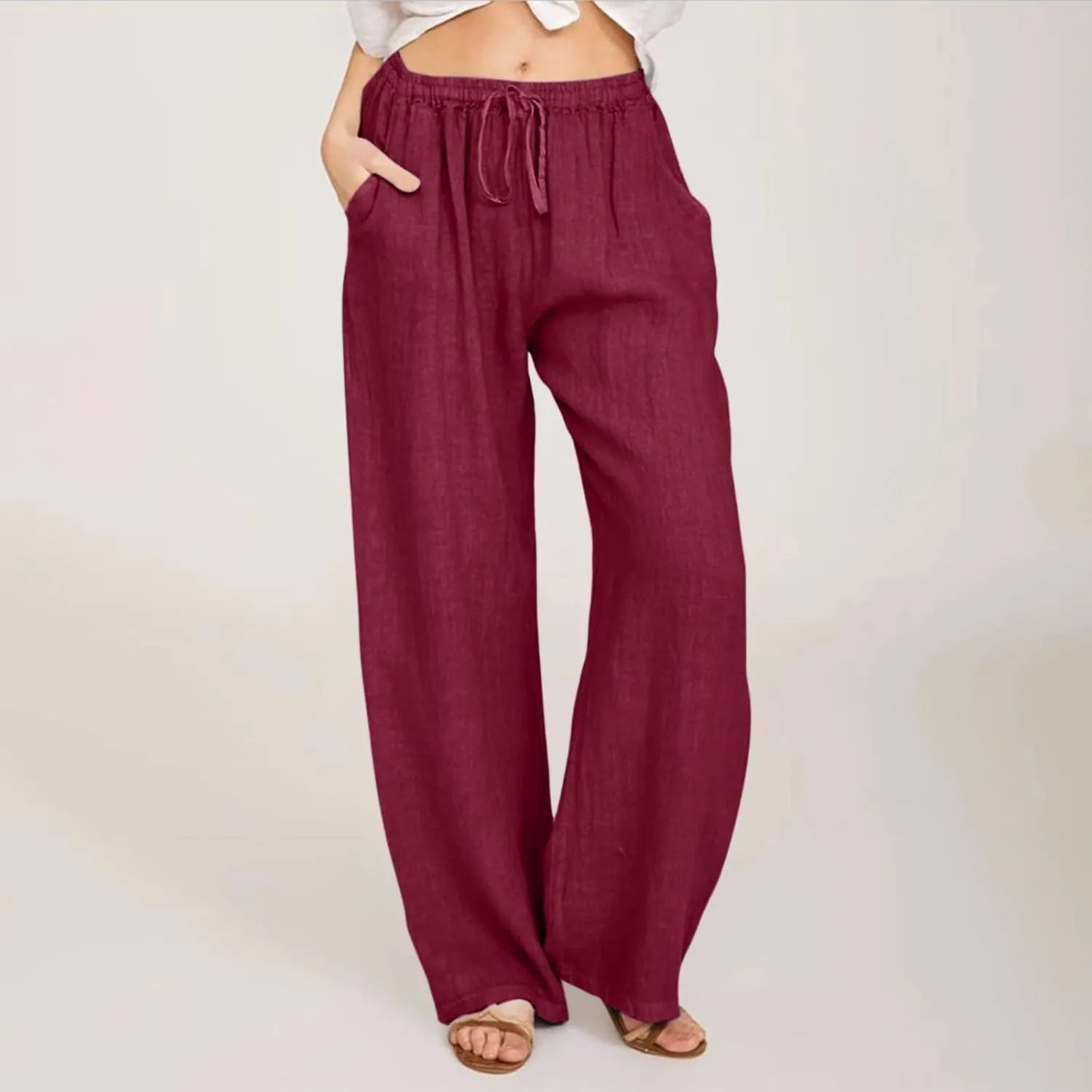 Womens Wide Leg Pants Summer Casual Loose Solid Color Drawstring Trousers with Pockets Trendy Beach Comfy Palazzo Pants
