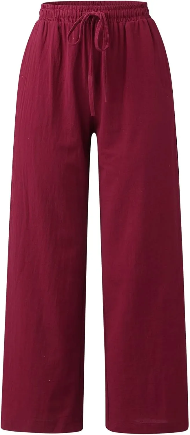 Womens Wide Leg Pants Summer Casual Loose Solid Color Drawstring Trousers with Pockets Trendy Beach Comfy Palazzo Pants