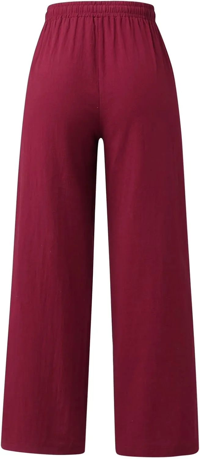 Womens Wide Leg Pants Summer Casual Loose Solid Color Drawstring Trousers with Pockets Trendy Beach Comfy Palazzo Pants
