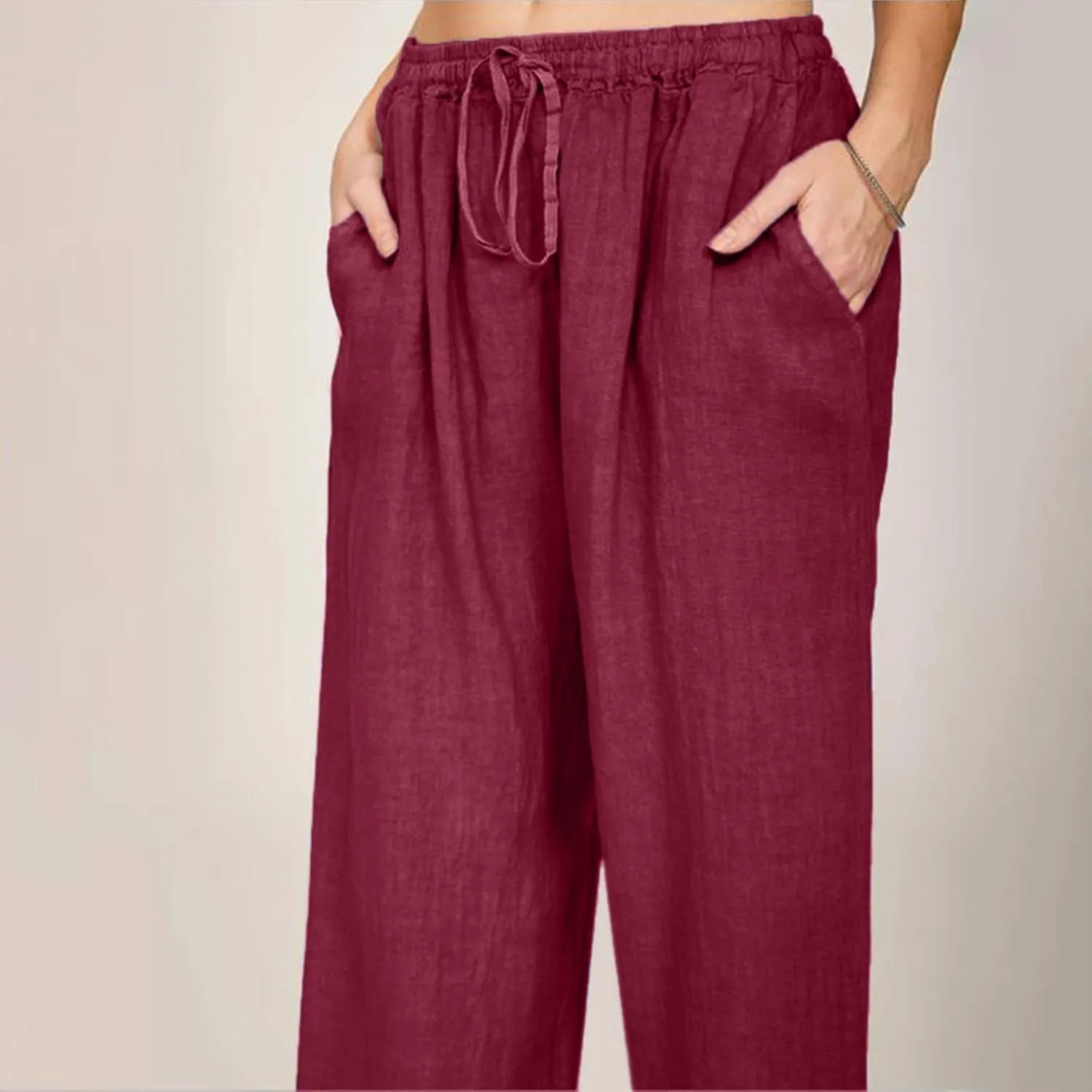 Womens Wide Leg Pants Summer Casual Loose Solid Color Drawstring Trousers with Pockets Trendy Beach Comfy Palazzo Pants