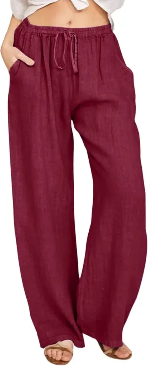 Womens Wide Leg Pants Summer Casual Loose Solid Color Drawstring Trousers with Pockets Trendy Beach Comfy Palazzo Pants