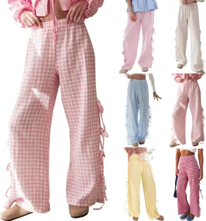 Women's Y2k Plaid Wide Leg Pants Summer Mid Rise Gingham Pants Comfy Pajama Pants Side Slit Tie Lounge Pants Trousers