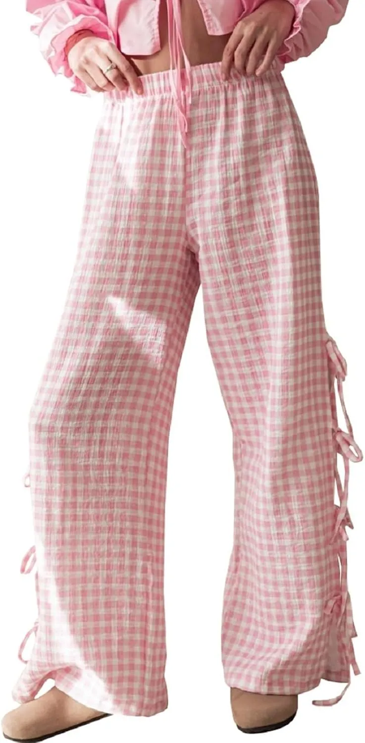 Women's Y2k Plaid Wide Leg Pants Summer Mid Rise Gingham Pants Comfy Pajama Pants Side Slit Tie Lounge Pants Trousers