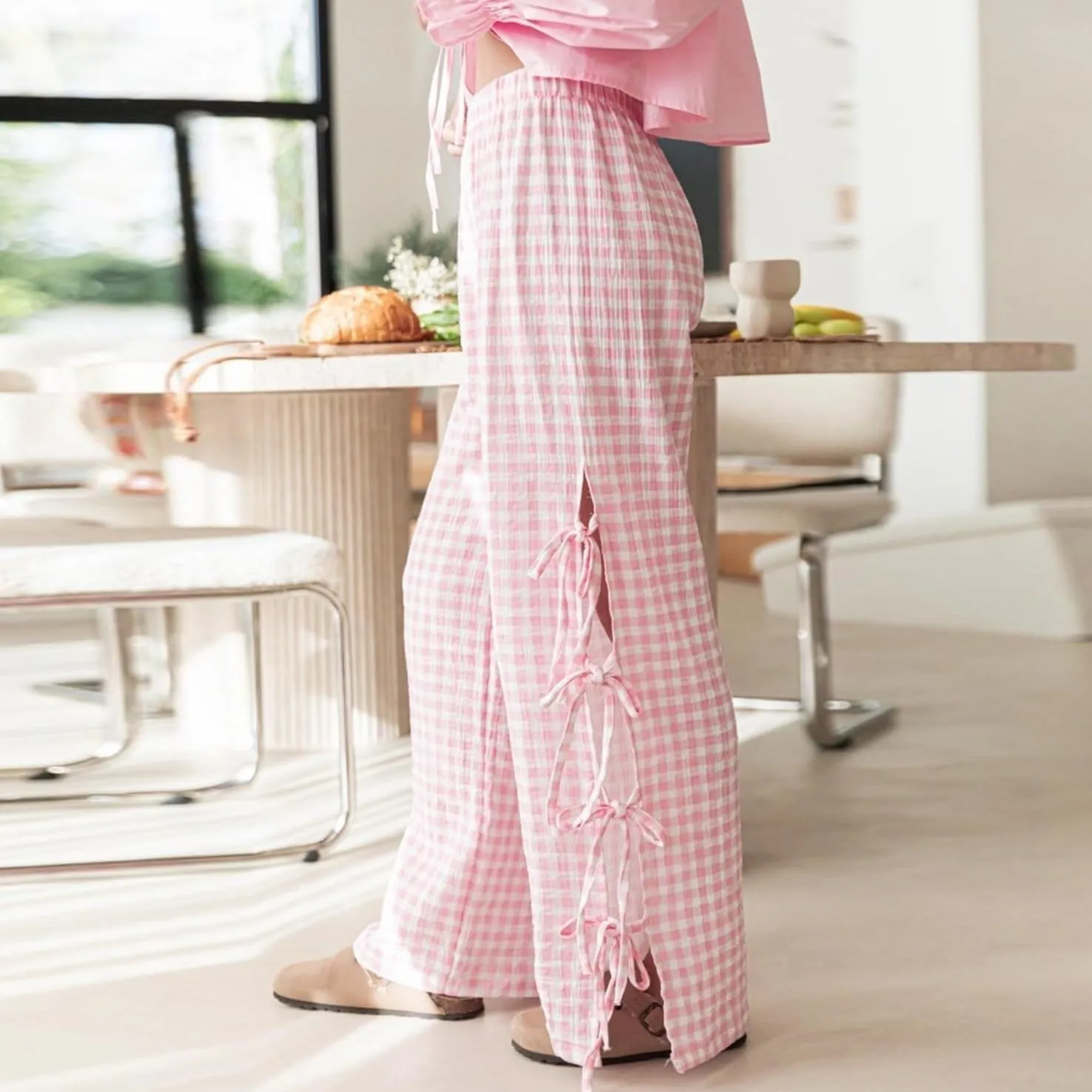 Women's Y2k Plaid Wide Leg Pants Summer Mid Rise Gingham Pants Comfy Pajama Pants Side Slit Tie Lounge Pants Trousers