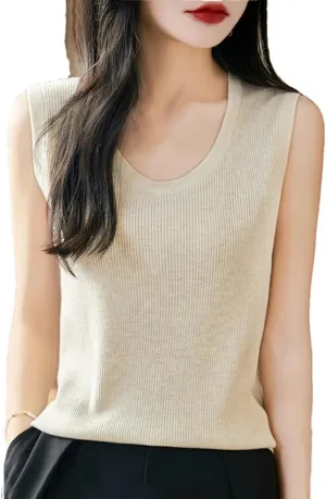 Wool Sleeveless Knitted Camisole Vest for Women Round Neck Inner Top Thin Pullover