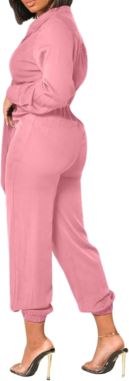 Xinlees Women's Elegant Jumpsuit Casual Long Sleeve Solid Straight Trousers Business Romper Stretchy Ankle Cuffs