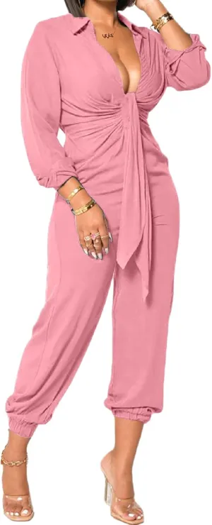 Xinlees Women's Elegant Jumpsuit Casual Long Sleeve Solid Straight Trousers Business Romper Stretchy Ankle Cuffs