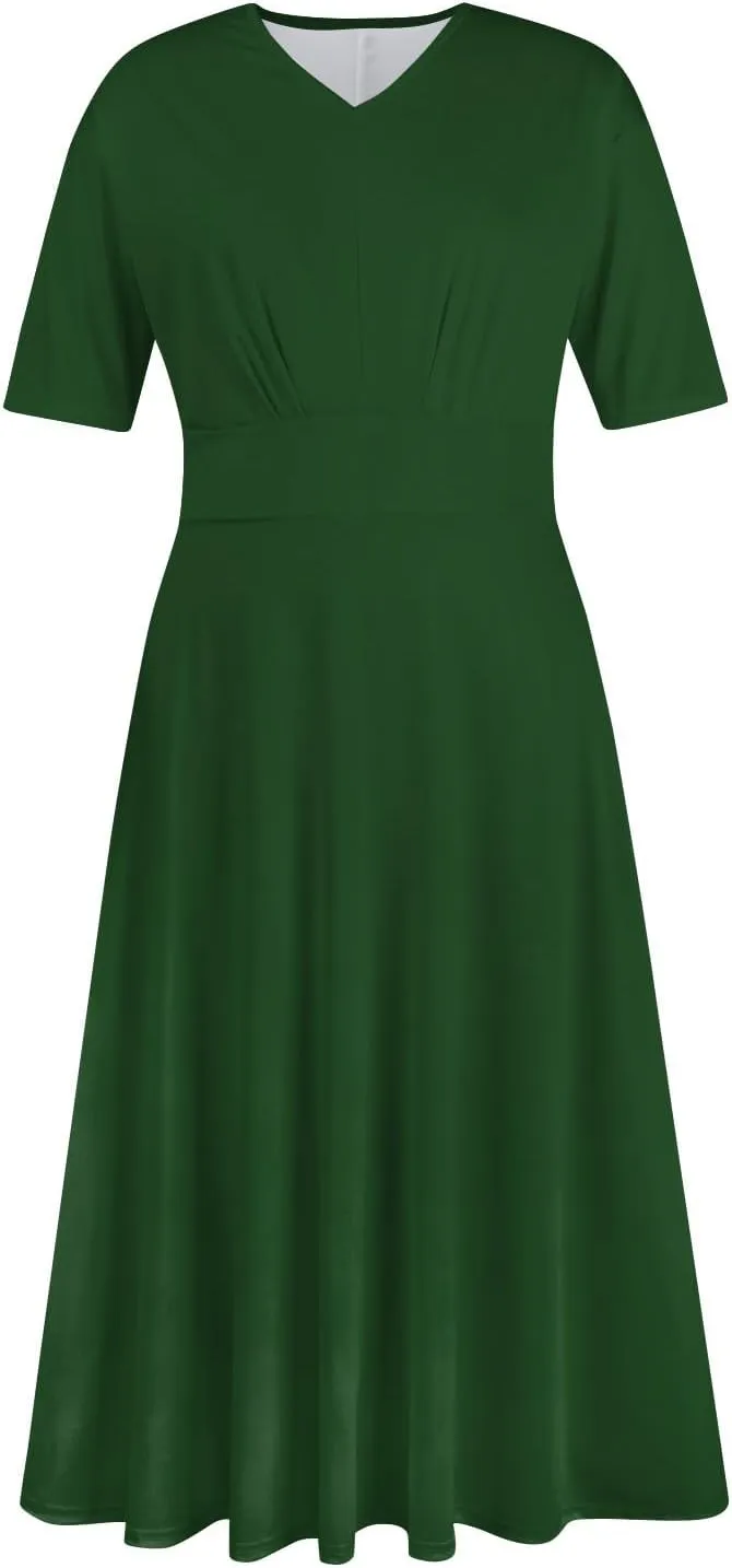 Yesunpxs Summer Dresses for Women Flowy Swing Long Dress Trendy V Neck Waist Maxi Dress Floral Printed Short Sleeve Dress