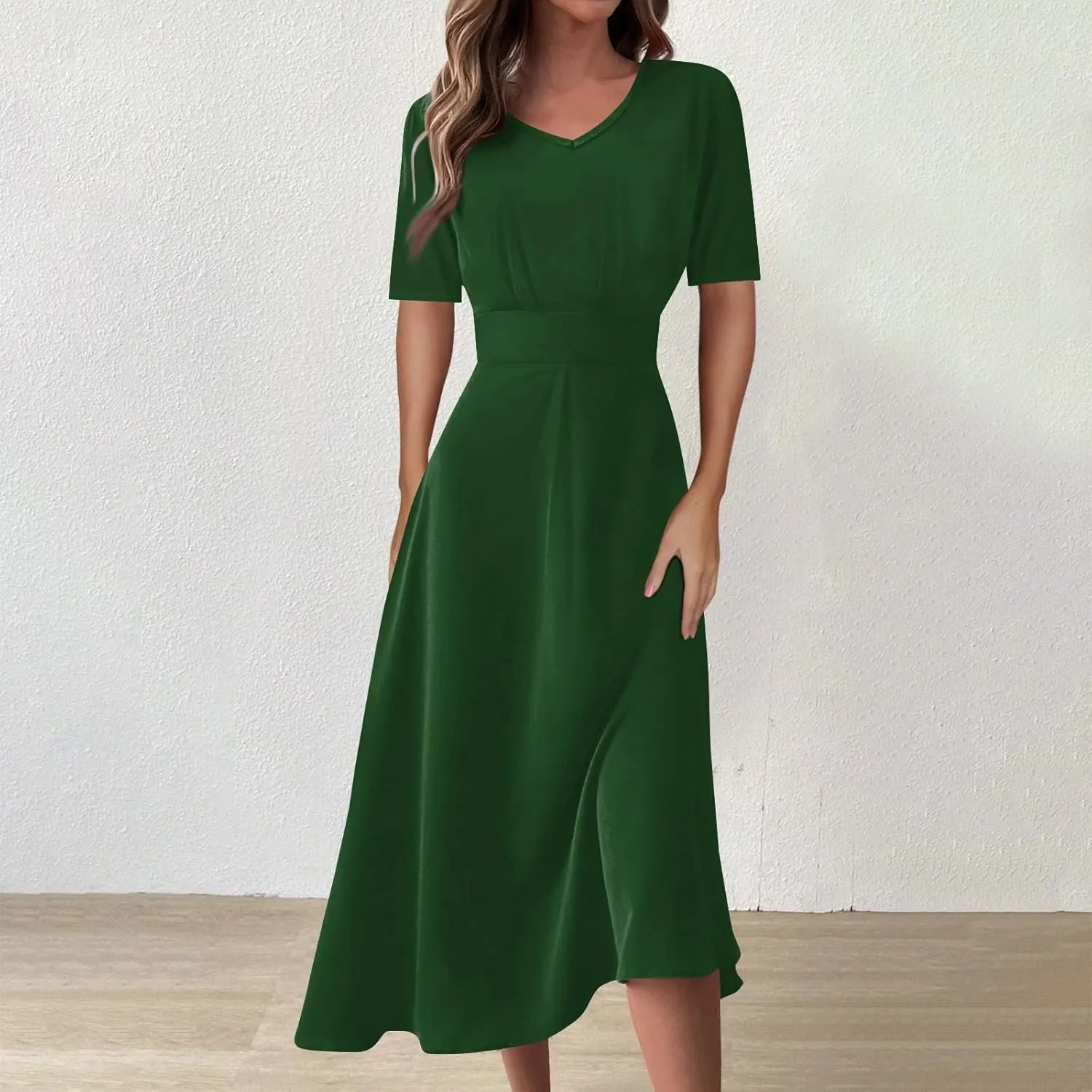 Yesunpxs Summer Dresses for Women Flowy Swing Long Dress Trendy V Neck Waist Maxi Dress Floral Printed Short Sleeve Dress