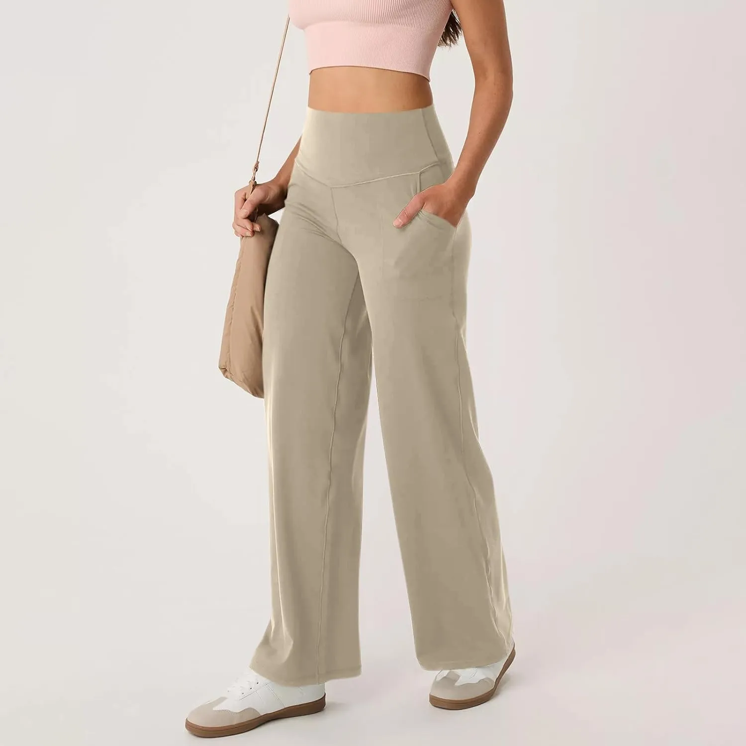 Yoga Pants Women Wide Leg Pants with Pockets Stretch High Waist Baggy Sweatpants Trendy Wide Leg Yoga Pants