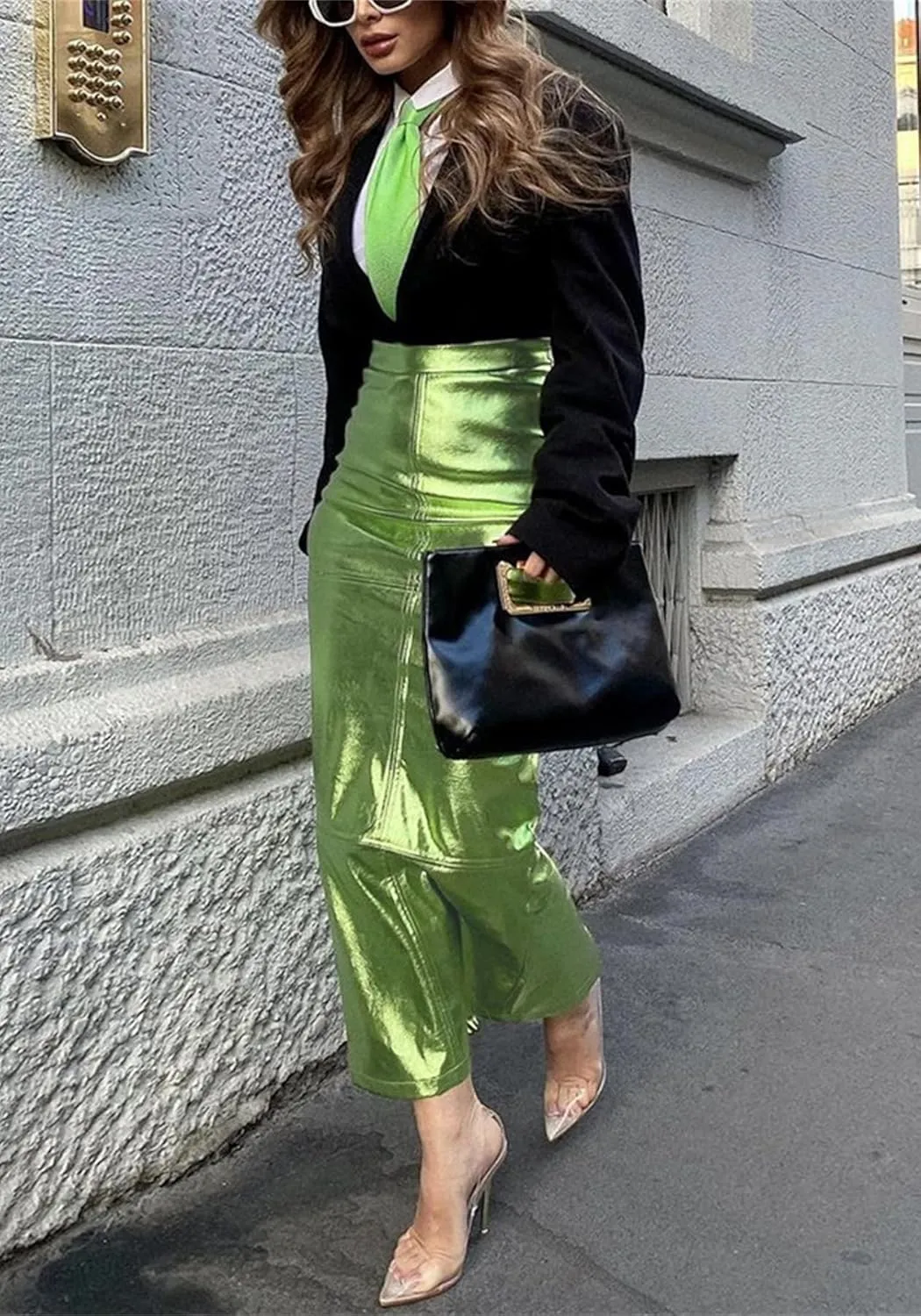 YOOTIKO Women Metallic Leather Skirt with Slit High Waisted Pencil Bodycon Summer Work Maxi Skirts