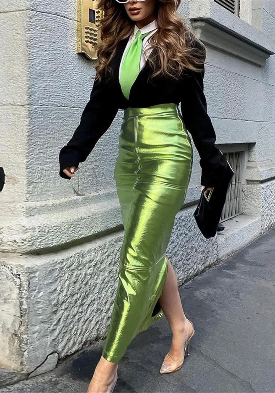 YOOTIKO Women Metallic Leather Skirt with Slit High Waisted Pencil Bodycon Summer Work Maxi Skirts