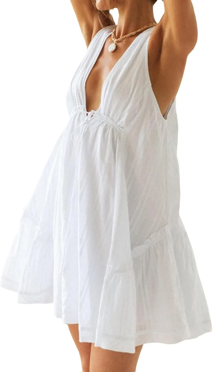 Young Women Summer Casual A-line Dress Solid Color Deep V-Neck Tie-Up Mini Backless Tank Halterneck Clothes