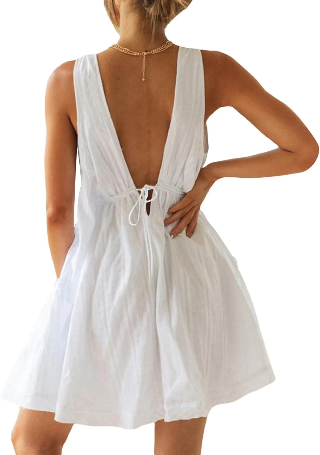 Young Women Summer Casual A-line Dress Solid Color Deep V-Neck Tie-Up Mini Backless Tank Halterneck Clothes