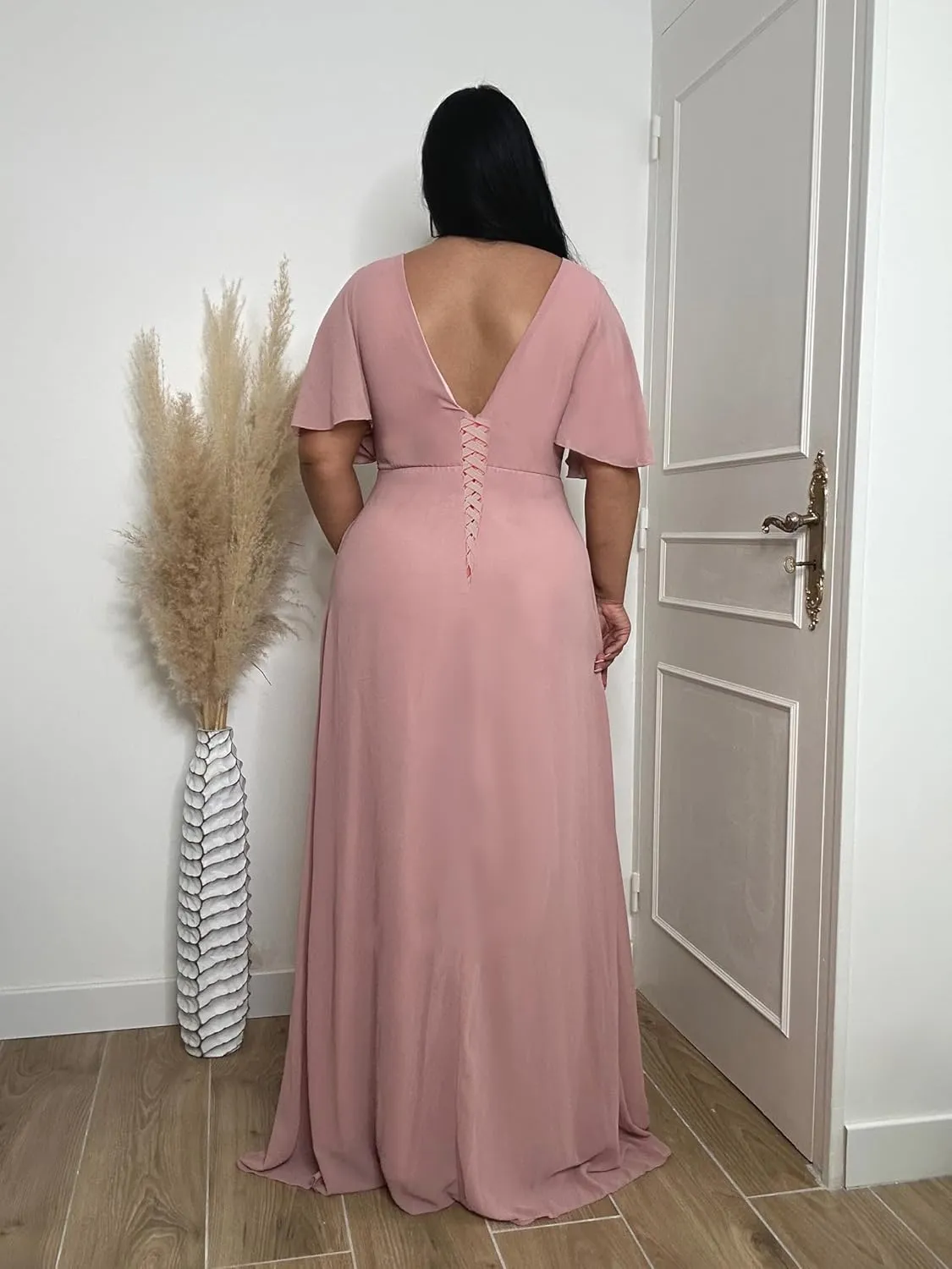 YRGERATON Flutter Sleeves Wedding Bridesmaid Dresses with Slit Chiffon Formal Evening Prom Party Gown for Juniors J184