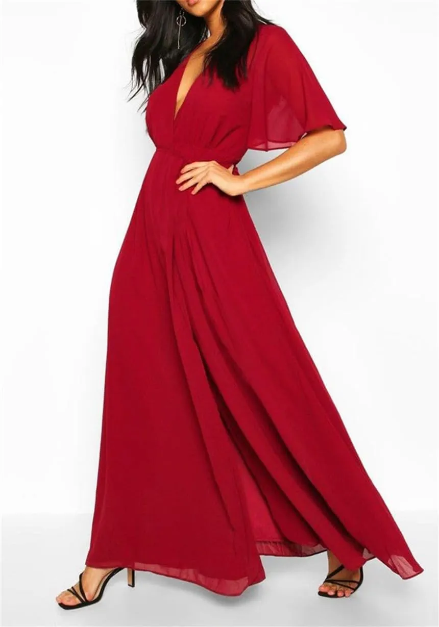 YRGERATON Flutter Sleeves Wedding Bridesmaid Dresses with Slit Chiffon Formal Evening Prom Party Gown for Juniors J184
