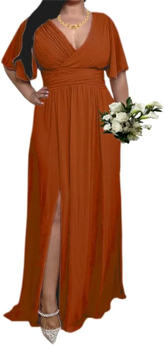 YRGERATON Flutter Sleeves Wedding Bridesmaid Dresses with Slit Chiffon Formal Evening Prom Party Gown for Juniors J184