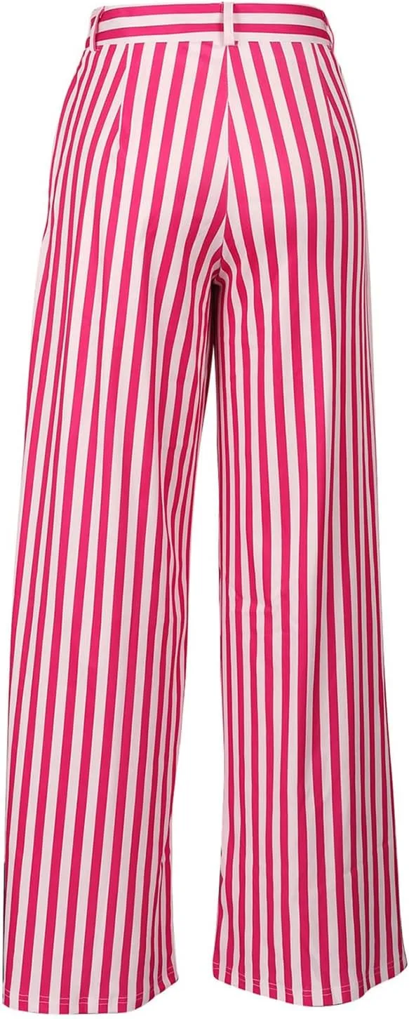 Yuopeid Women's High Waist Zip Up Long Pants with Pockets Fashion Striped Printed Wide Leg Pants Casual Trousers
