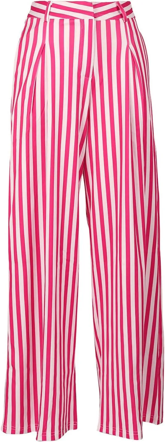 Yuopeid Women's High Waist Zip Up Long Pants with Pockets Fashion Striped Printed Wide Leg Pants Casual Trousers