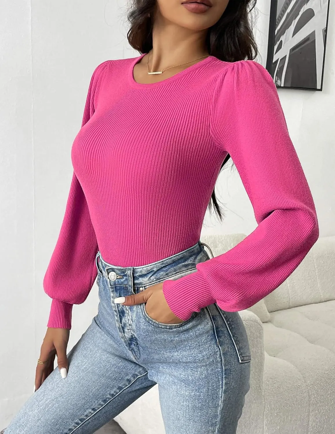 Zeagoo Women 2024 Long Puff Sleeve Sweater Fall Slim Fit Pullover Tops Crewneck Ribbed Knit Bodysuit Jumpsuit S-XXL