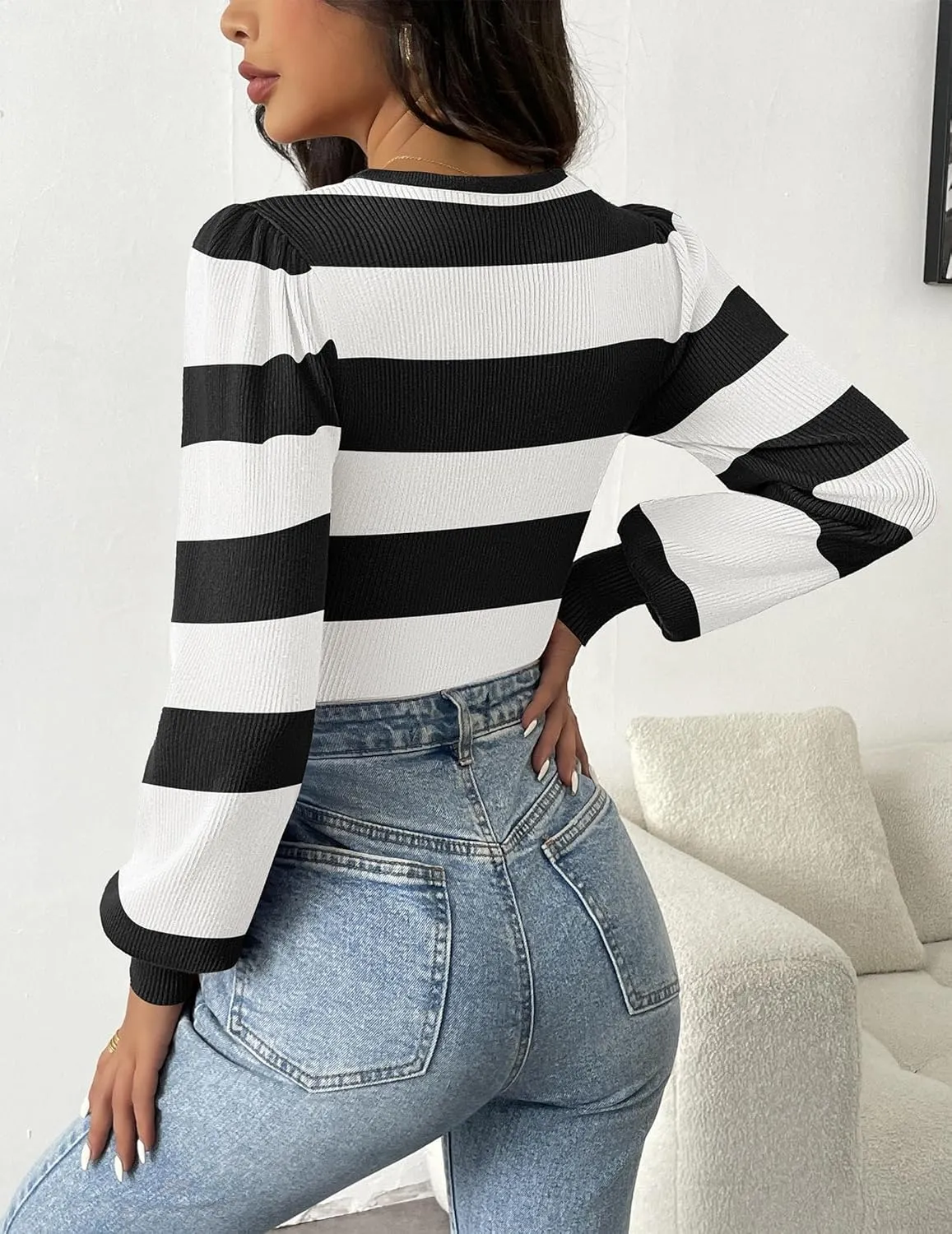 Zeagoo Women 2024 Long Puff Sleeve Sweater Fall Slim Fit Pullover Tops Crewneck Ribbed Knit Bodysuit Jumpsuit S-XXL