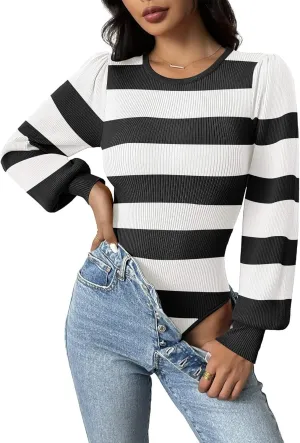 Zeagoo Women 2024 Long Puff Sleeve Sweater Fall Slim Fit Pullover Tops Crewneck Ribbed Knit Bodysuit Jumpsuit S-XXL
