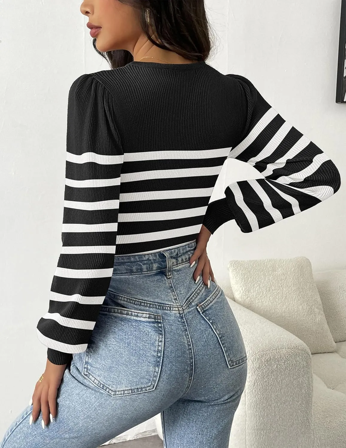 Zeagoo Women 2024 Long Puff Sleeve Sweater Fall Slim Fit Pullover Tops Crewneck Ribbed Knit Bodysuit Jumpsuit S-XXL