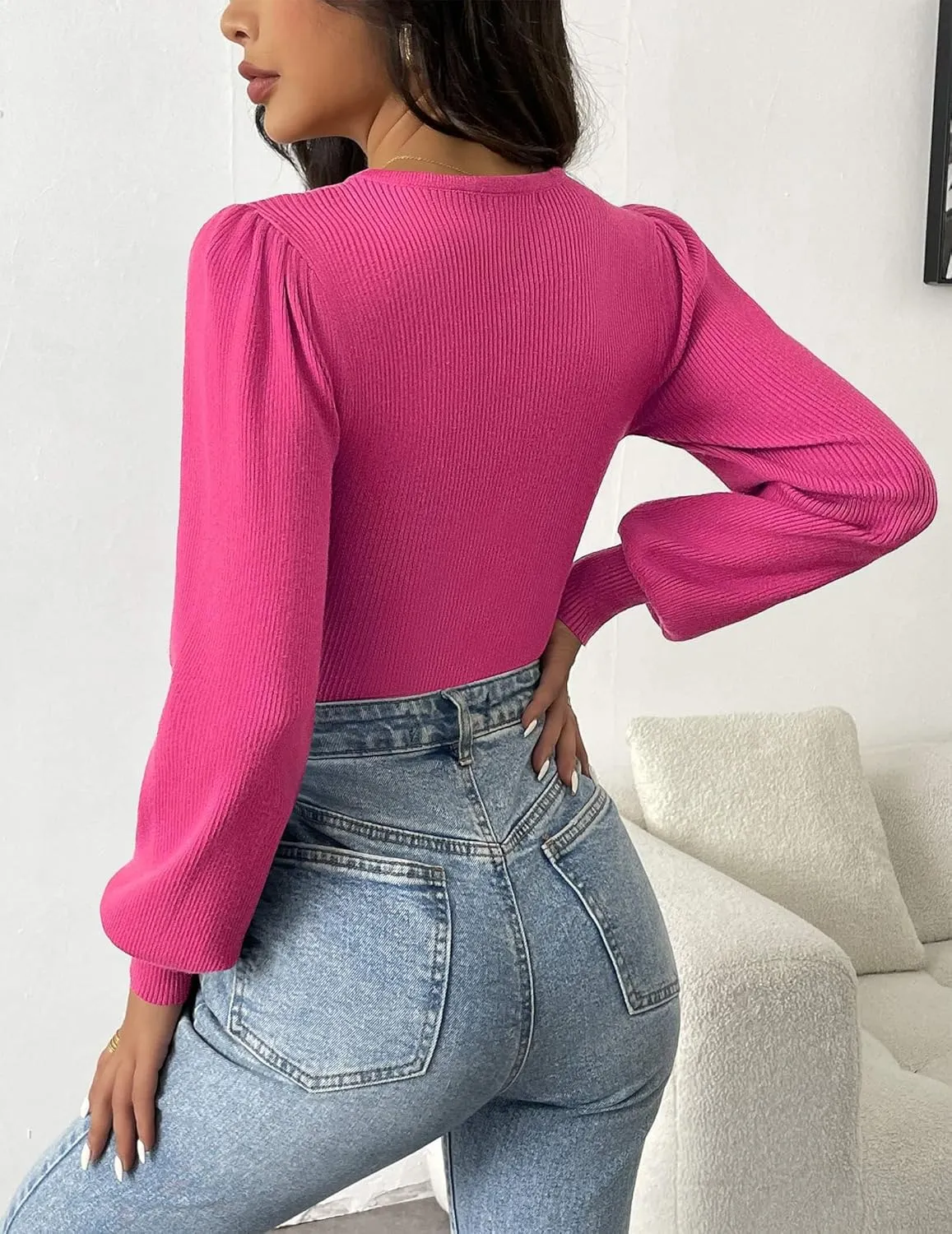Zeagoo Women 2024 Long Puff Sleeve Sweater Fall Slim Fit Pullover Tops Crewneck Ribbed Knit Bodysuit Jumpsuit S-XXL