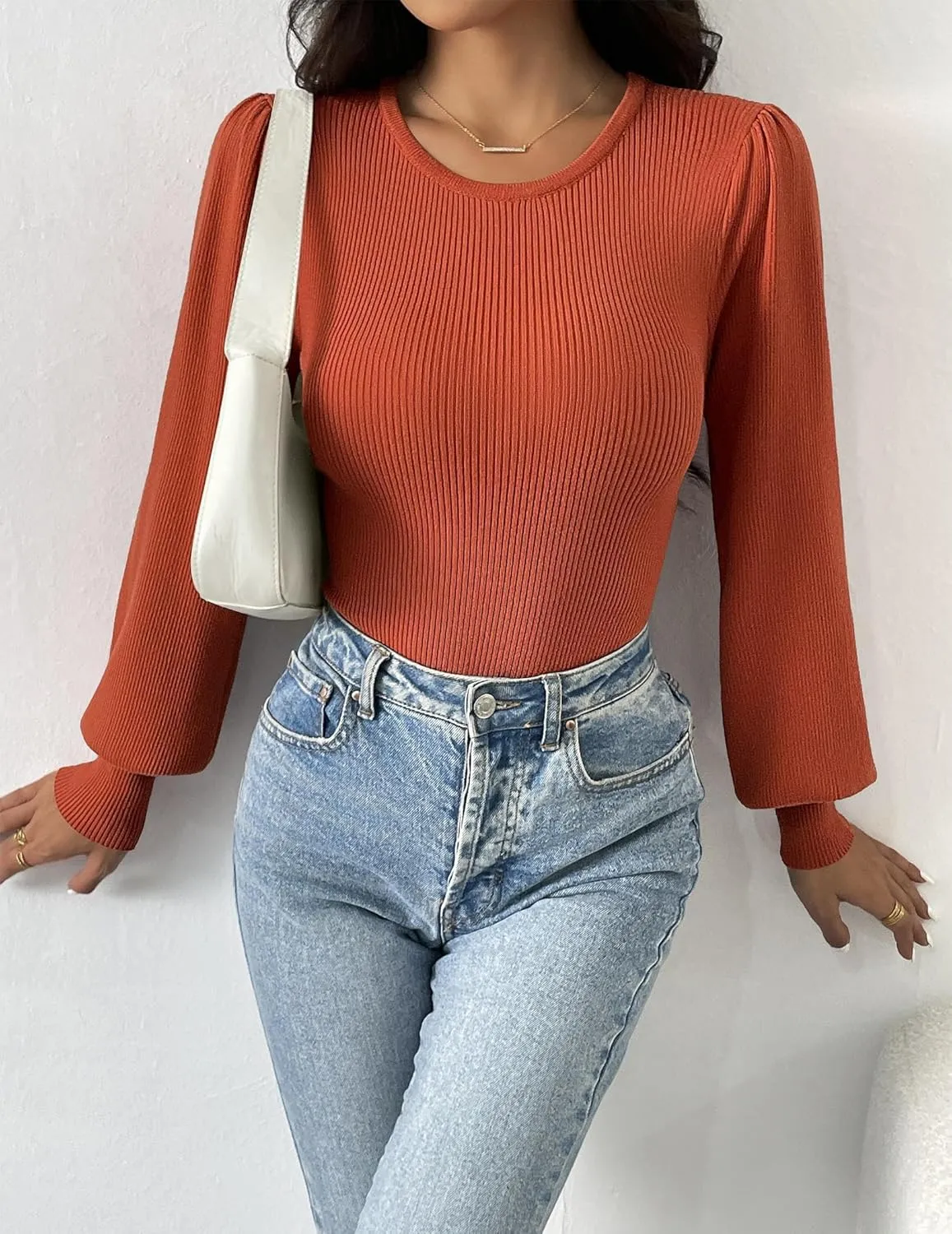Zeagoo Women 2024 Long Puff Sleeve Sweater Fall Slim Fit Pullover Tops Crewneck Ribbed Knit Bodysuit Jumpsuit S-XXL