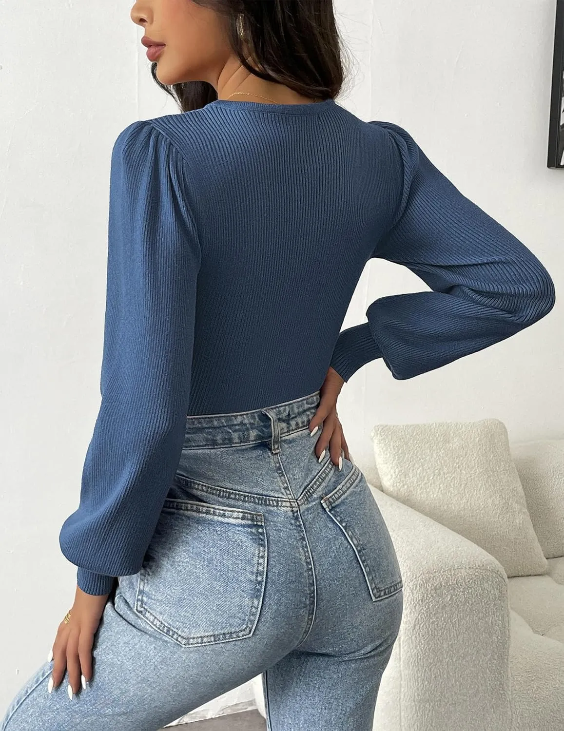 Zeagoo Women 2024 Long Puff Sleeve Sweater Fall Slim Fit Pullover Tops Crewneck Ribbed Knit Bodysuit Jumpsuit S-XXL