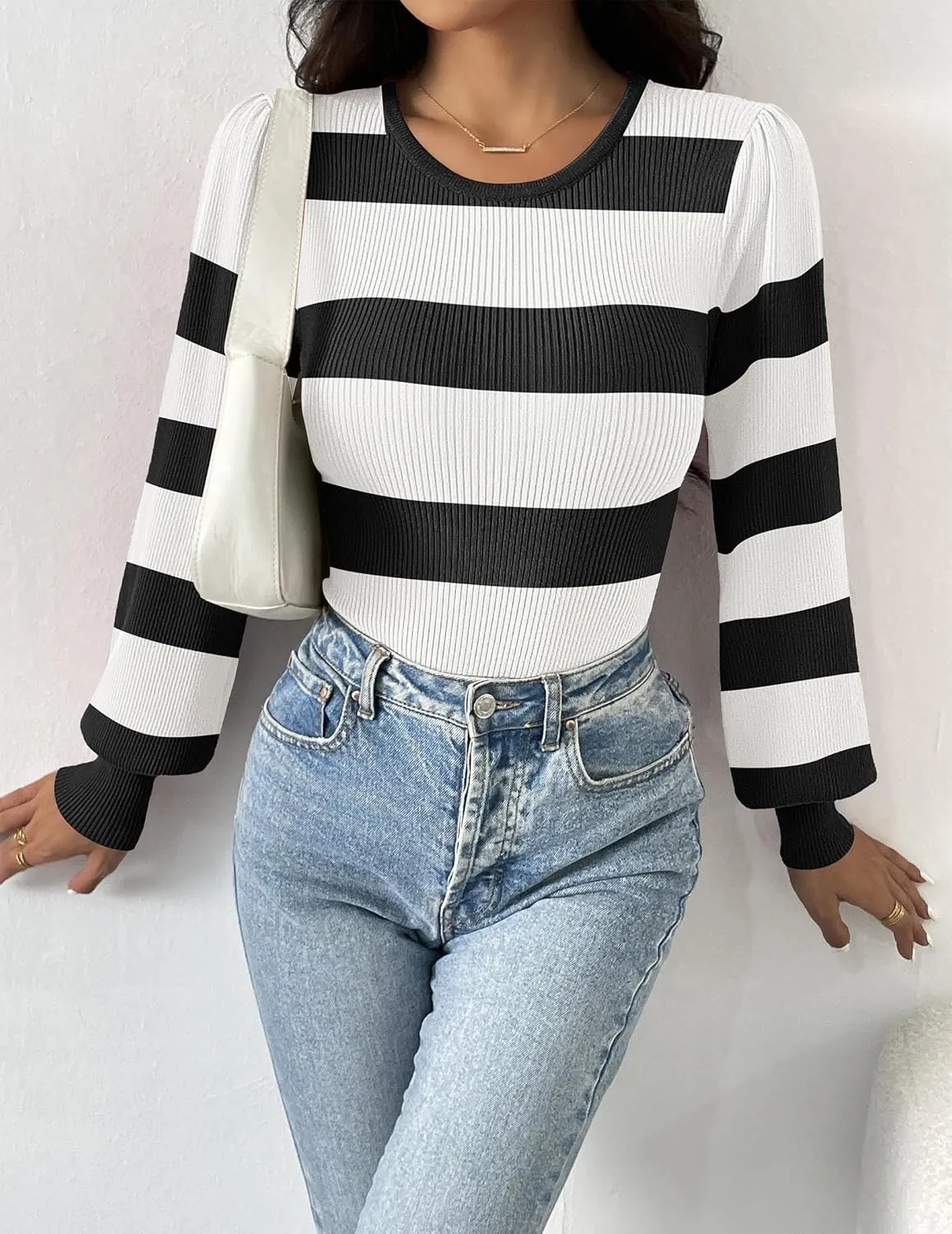 Zeagoo Women 2024 Long Puff Sleeve Sweater Fall Slim Fit Pullover Tops Crewneck Ribbed Knit Bodysuit Jumpsuit S-XXL