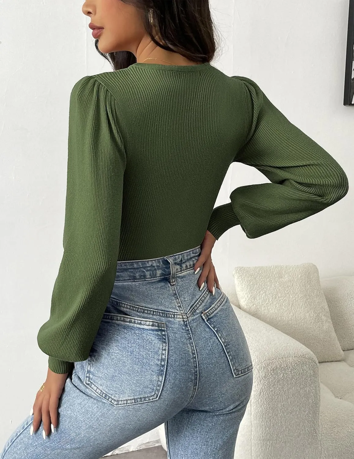 Zeagoo Women 2024 Long Puff Sleeve Sweater Fall Slim Fit Pullover Tops Crewneck Ribbed Knit Bodysuit Jumpsuit S-XXL
